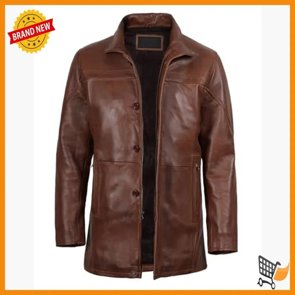 Men's Real Lambskin Leather Coat Car Coat Style Full Zip Lined